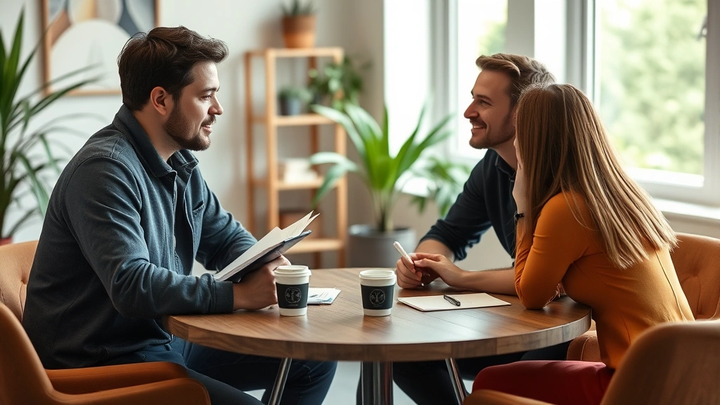 Founder in casual setting taking notes during customer interview, natural office environment, two people engaged in conversation across table with coffee cups
