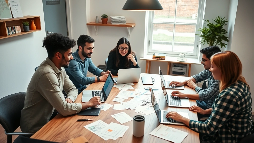 Small diverse team collaborating around wooden table with laptops, papers scattered, brainstorming session with visible energy and engagement, startup office atmosphere