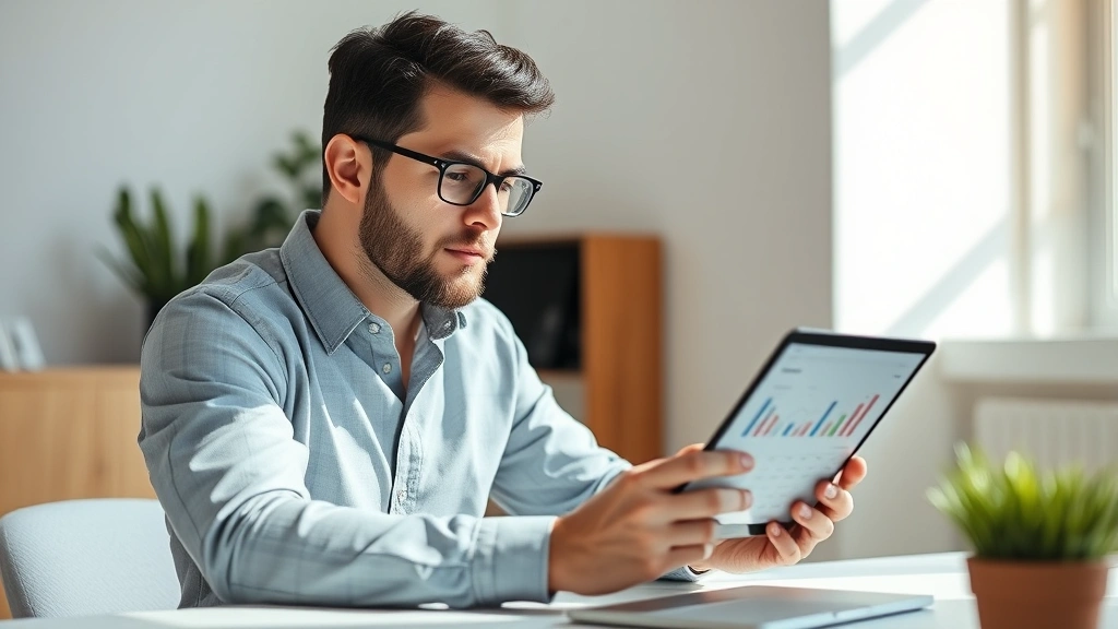 Entrepreneur reviewing financial dashboards on tablet, focused expression, modern minimalist workspace, natural daylight, showing genuine concentration on metrics