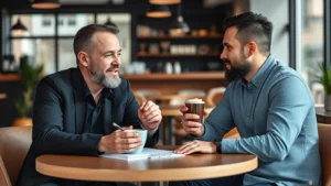 Founder having coffee conversation with potential customer in modern café, both engaged and taking notes, natural lighting, candid moment capturing authentic business dialogue