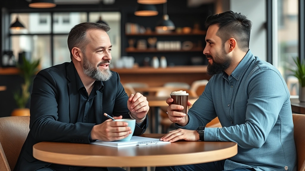 Founder having coffee conversation with potential customer in modern café, both engaged and taking notes, natural lighting, candid moment capturing authentic business dialogue