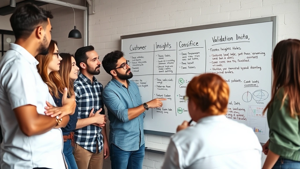 Team collaborating around whiteboard with customer insights and validation data, diverse group pointing at findings, energetic startup environment, problem-solving moment