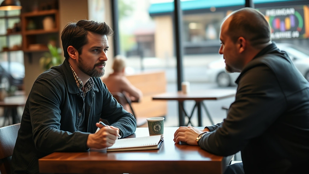 Founder sitting at a coffee shop table with a notebook, having an intense conversation with a customer across from them, natural lighting, candid moment of active listening