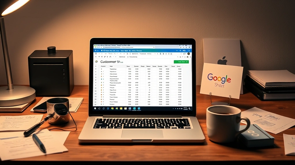 Laptop showing a simple Google Sheet with customer data, coffee mug, and startup notes scattered around, minimalist desk workspace, warm overhead lighting