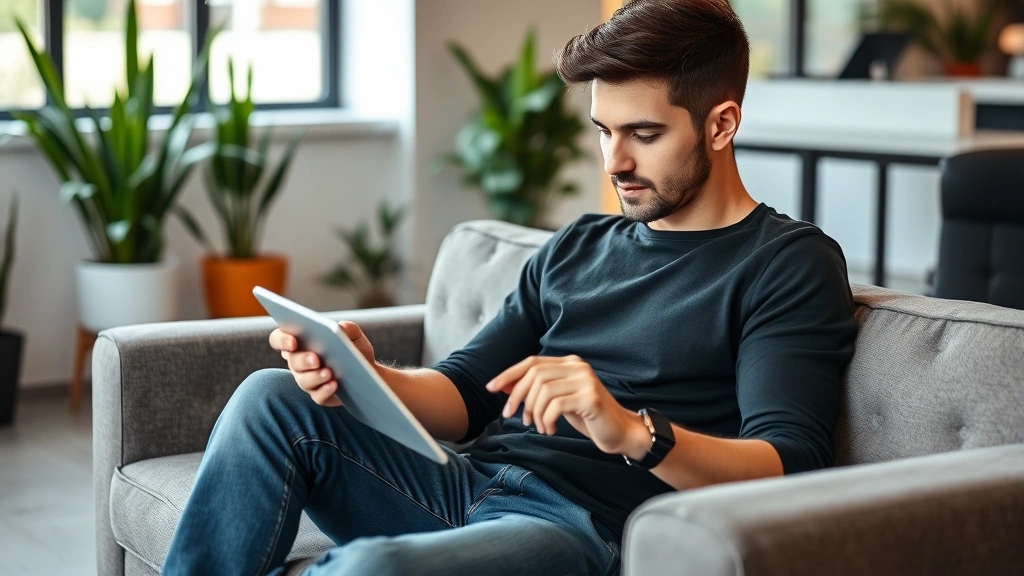 Young entrepreneur reviewing metrics on a tablet screen while sitting on a modern office couch, focused expression, clean startup environment with plants in background