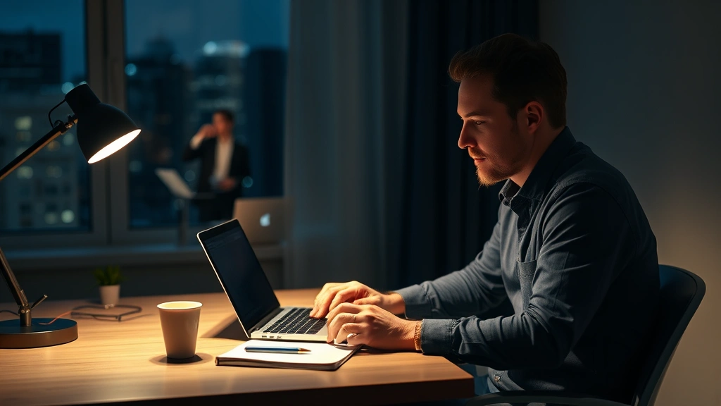 Founder working at desk late at night with laptop and coffee, focused and determined, natural lighting from desk lamp, minimalist workspace with notebook and pen