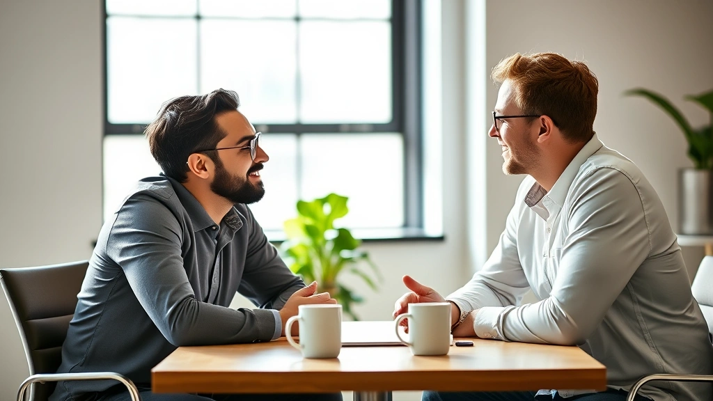 Two entrepreneurs in casual meeting discussing business strategy, leaning forward engaged in conversation, coffee cups on table, bright natural window light, modern office setting