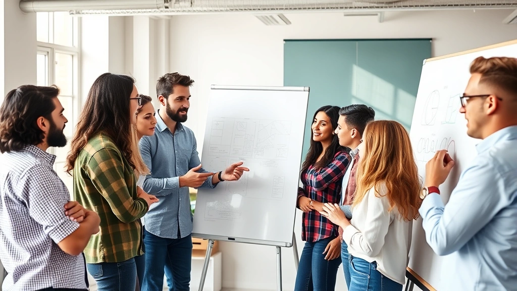 Team of diverse startup founders gathered around whiteboard planning, energetic collaborative atmosphere, everyone engaged and discussing, bright office space with natural light