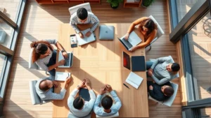 Overhead shot of diverse startup team collaborating around a wooden table with laptops and notebooks, natural sunlight streaming through large windows, modern office space