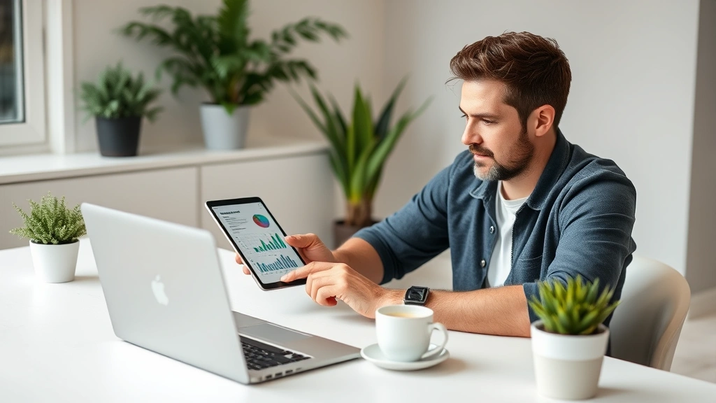 Founder reviewing growth metrics on a tablet while sitting at desk with coffee, laptop open, focused expression, minimalist workspace with plants