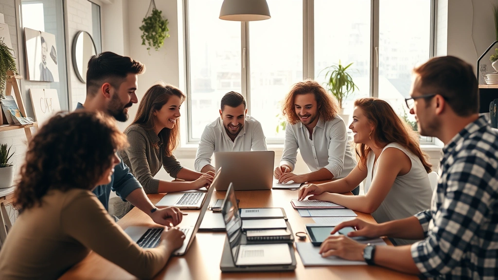 Diverse startup team collaborating around desk with laptops and notebooks, energetic yet concentrated atmosphere, morning light