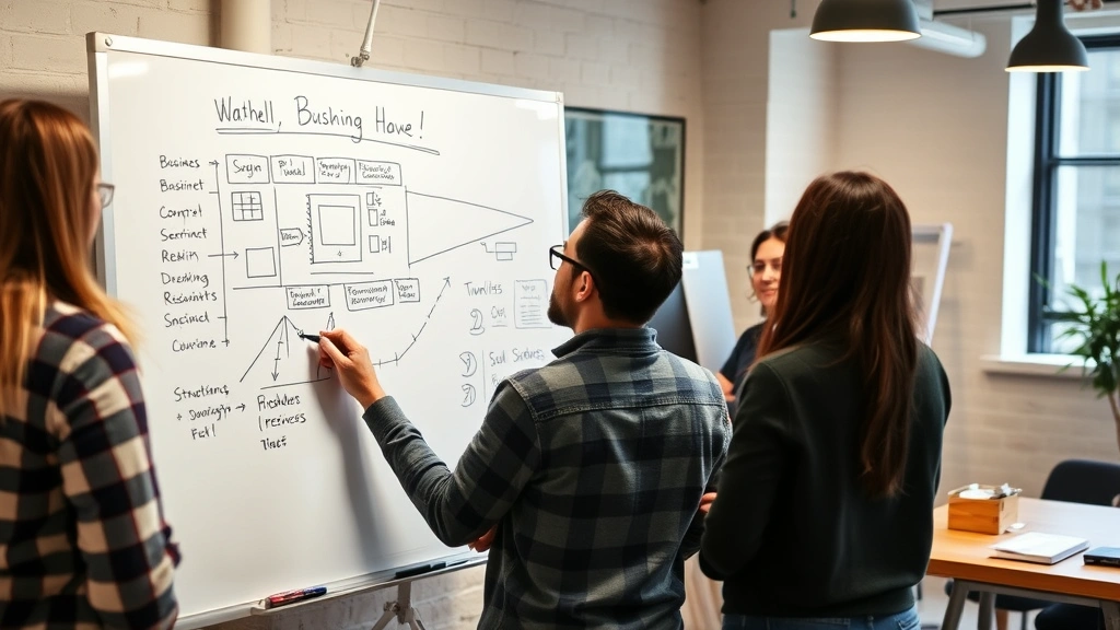 Entrepreneur at whiteboard sketching business model with team members observing, casual startup setting, authentic problem-solving moment