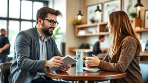Founder interviewing a customer in a coffee shop, taking notes, focused conversation, natural lighting, realistic business setting