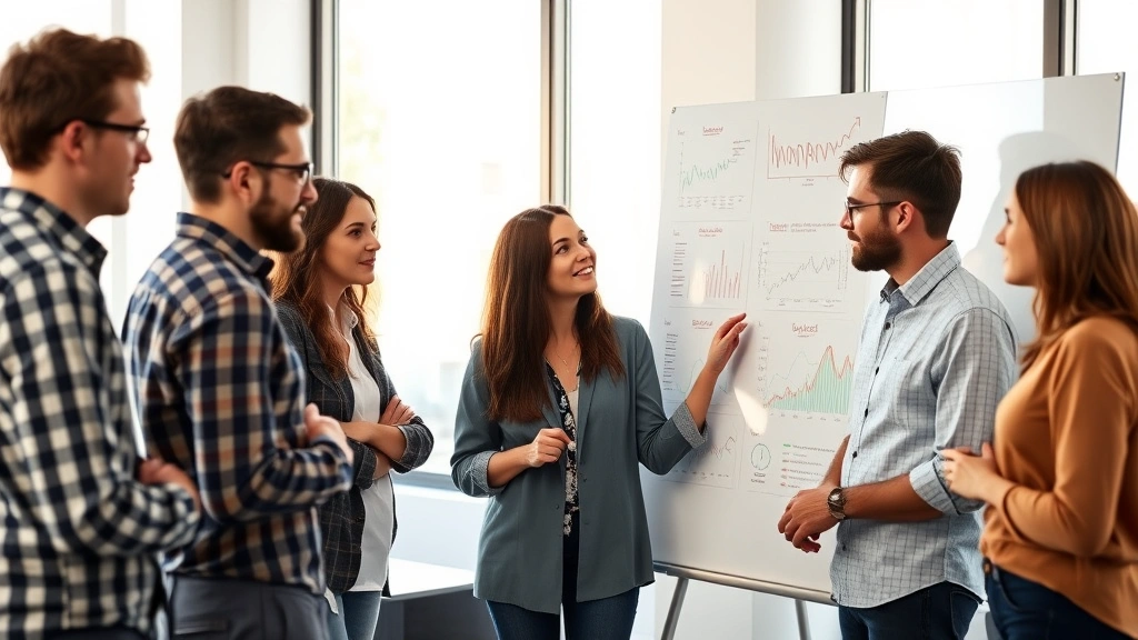 Diverse team analyzing market data on whiteboard, collaborative startup environment, business casual, morning light through windows