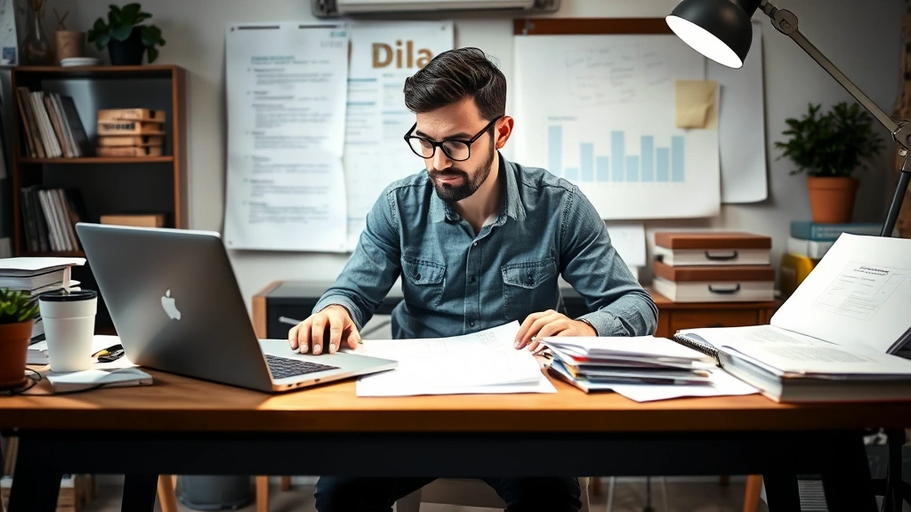 Entrepreneur reviewing competitive products at desk, laptop open, papers scattered, authentic startup workspace, concentrated expression