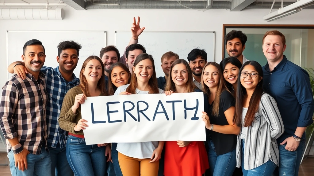 Team of young professionals in casual startup setting celebrating a milestone, diverse group, genuine smiles and energy, modern collaborative workspace with whiteboards visible in background