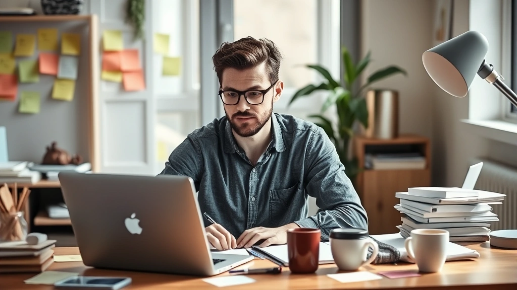 Founder sitting at desk with laptop, surrounded by sticky notes and coffee cups, looking determined and thoughtful during early morning work session