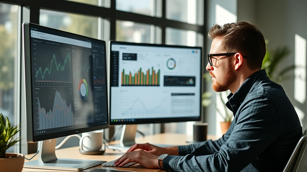 Entrepreneur reviewing financial dashboards on computer screen, focused expression, modern minimalist workspace with natural lighting
