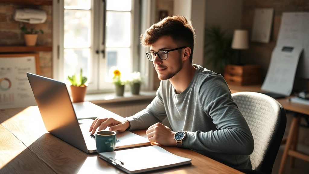 Young founder at wooden desk with laptop, coffee cup, and notebook, sunlight streaming through window, focused expression, startup workspace