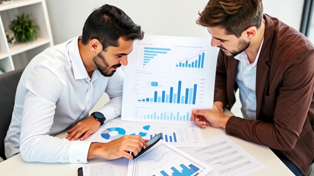 Two entrepreneurs in casual clothes reviewing financial charts and metrics on a desk with papers and calculator, collaborative problem-solving moment