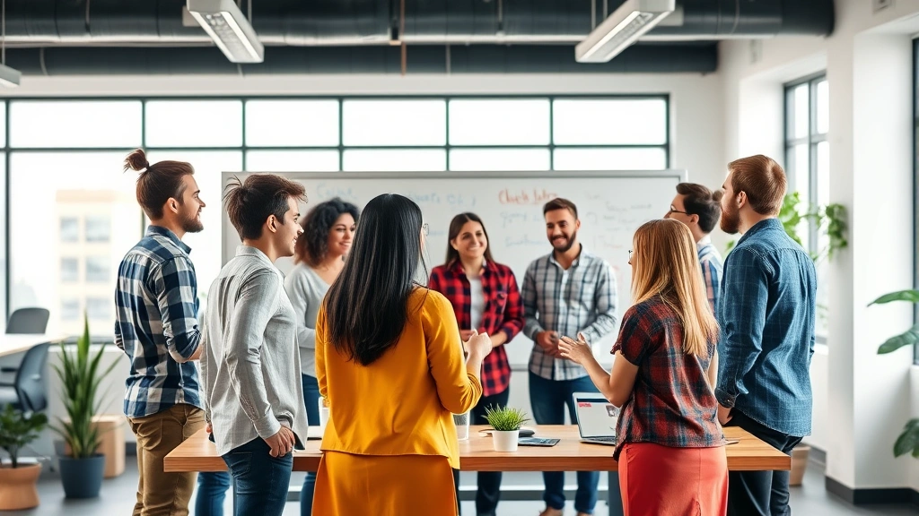 Diverse startup team in open office space having animated discussion around whiteboard, energy and collaboration visible, modern workspace environment