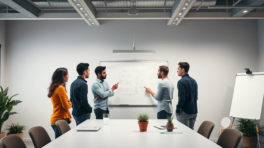 Team collaborating in startup office space around whiteboard planning session, diverse group discussing strategy, modern minimalist workspace