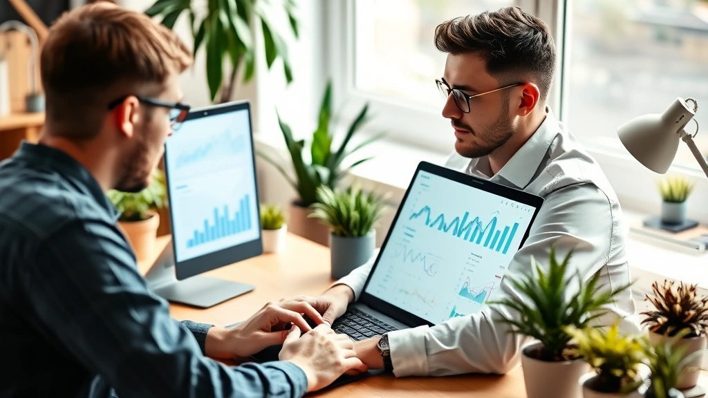 Entrepreneur reviewing business metrics on laptop with graphs and charts visible on screen, working at home office desk with plants