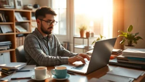 Founder sitting at a laptop in a home office surrounded by notes and coffee cups, early morning sunlight, focused expression, real entrepreneurial workspace