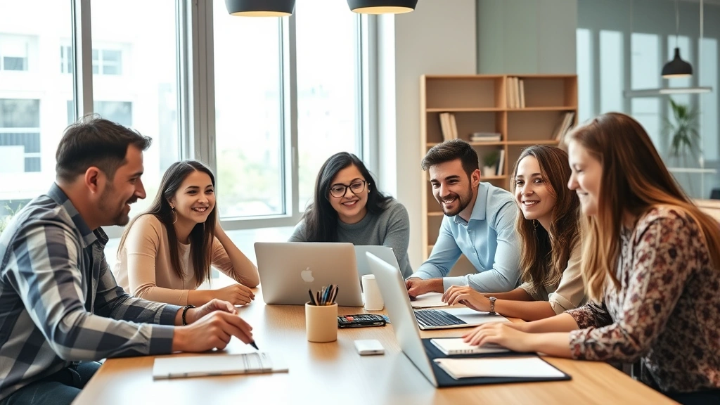 Diverse team of startup employees collaborating around a table with laptops and notepads, engaged discussion, natural lighting, diverse ages and backgrounds