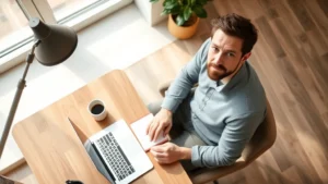 Overhead shot of a founder sitting at a simple wooden desk with a laptop and notebook, morning light streaming through a window, thoughtful expression, coffee mug nearby, startup workspace