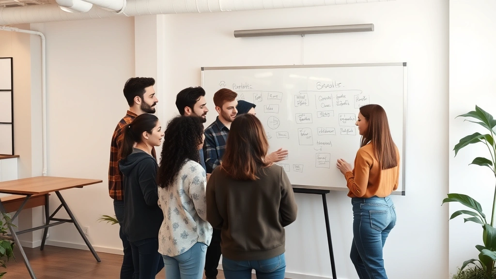 Diverse team of founders and early employees in a casual huddle around a whiteboard during a brainstorming session, energetic and focused, modern office space