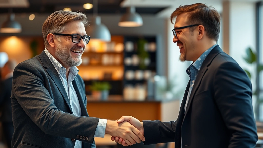 Founder shaking hands with a customer in a professional but relaxed setting, both smiling, genuine connection, modern office or coffee shop background