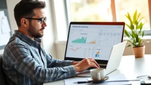 Founder sitting at desk reviewing financial spreadsheets and business metrics on laptop, natural office lighting, focused expression, coffee cup nearby, modern workspace