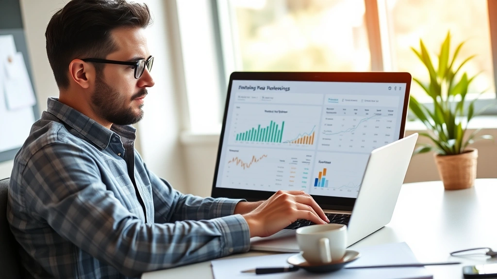 Founder sitting at desk reviewing financial spreadsheets and business metrics on laptop, natural office lighting, focused expression, coffee cup nearby, modern workspace