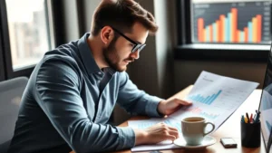 Founder analyzing financial charts and metrics on a desk with coffee, focused expression, natural lighting from office window, professional casual attire