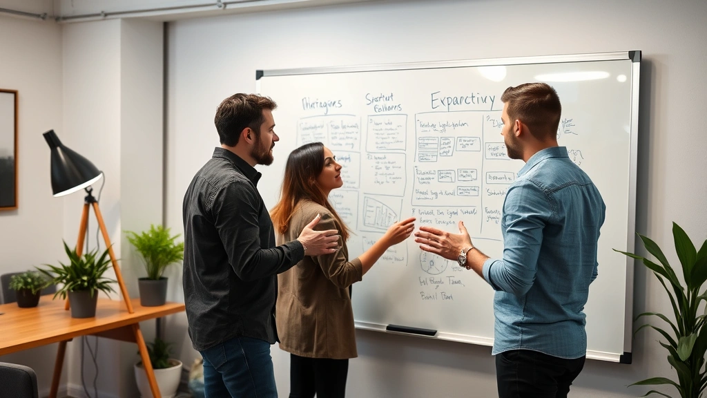 Two entrepreneurs in startup office collaborating on whiteboard strategy session, diverse team, energetic but concentrated atmosphere, modern workspace
