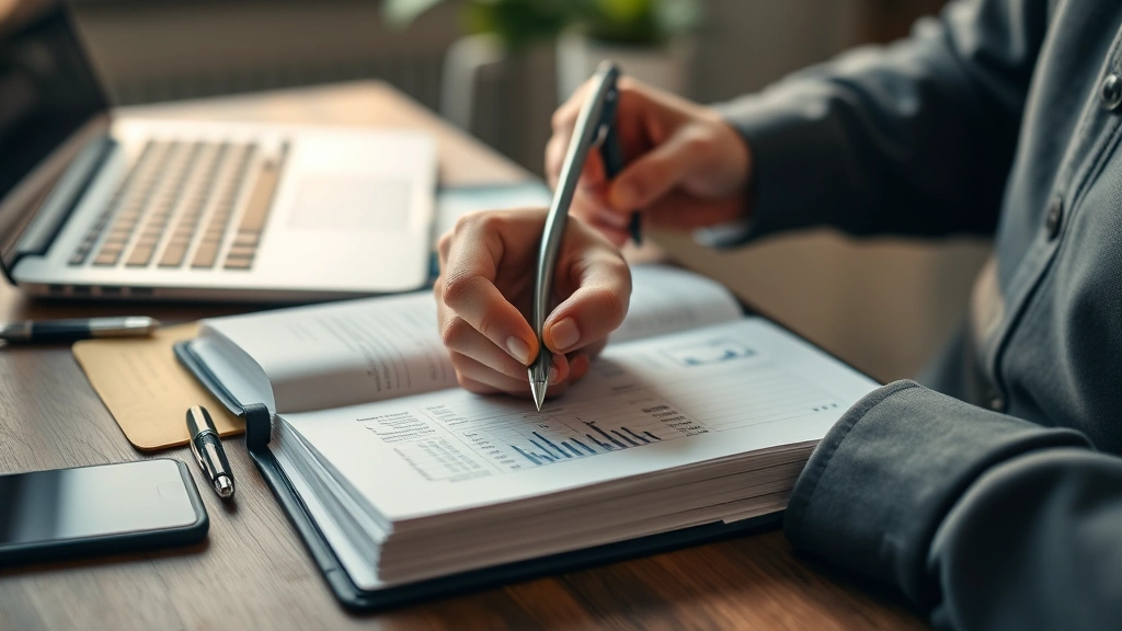 Close-up of hands writing in business notebook with laptop nearby, financial planning and note-taking, warm natural lighting, entrepreneurial workspace