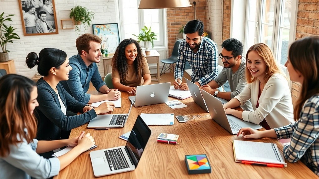 Diverse team having animated discussion around wooden table with laptops and notebooks, collaborative energy, creative workspace, natural lighting