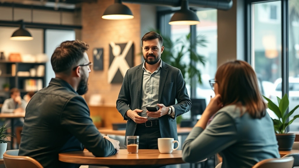 Founder presenting to small group of potential customers in casual setting, genuine conversation, coffee shop or office, real engagement