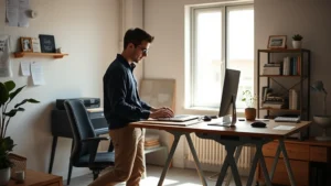 Founder working at standing desk in minimalist startup office, intense focus, natural daylight from window, coffee cup nearby, modern but worn furniture, authentic startup energy