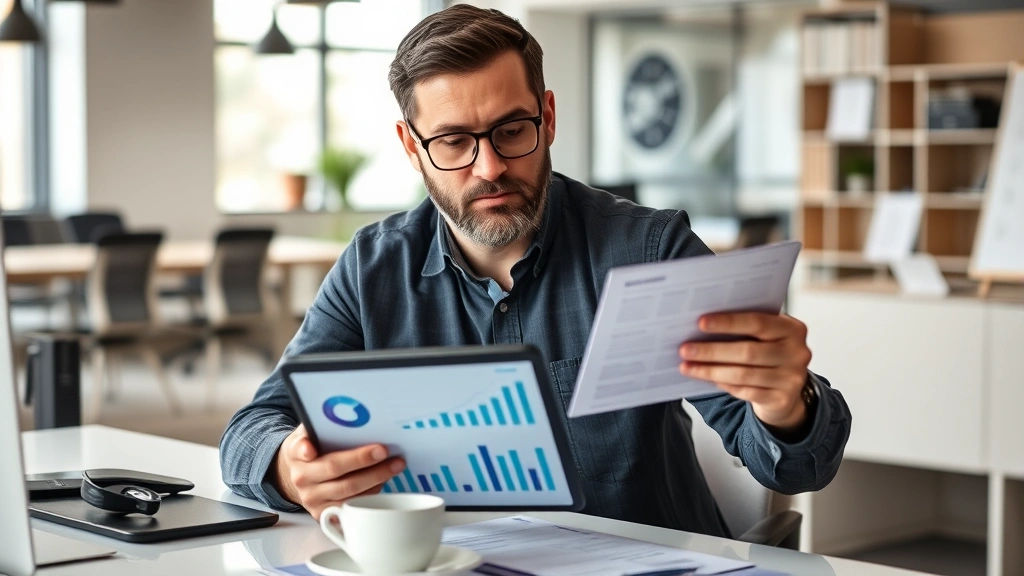 Entrepreneur reviewing financial dashboards and metrics on tablet, sitting at desk with coffee, focused expression, modern startup office environment