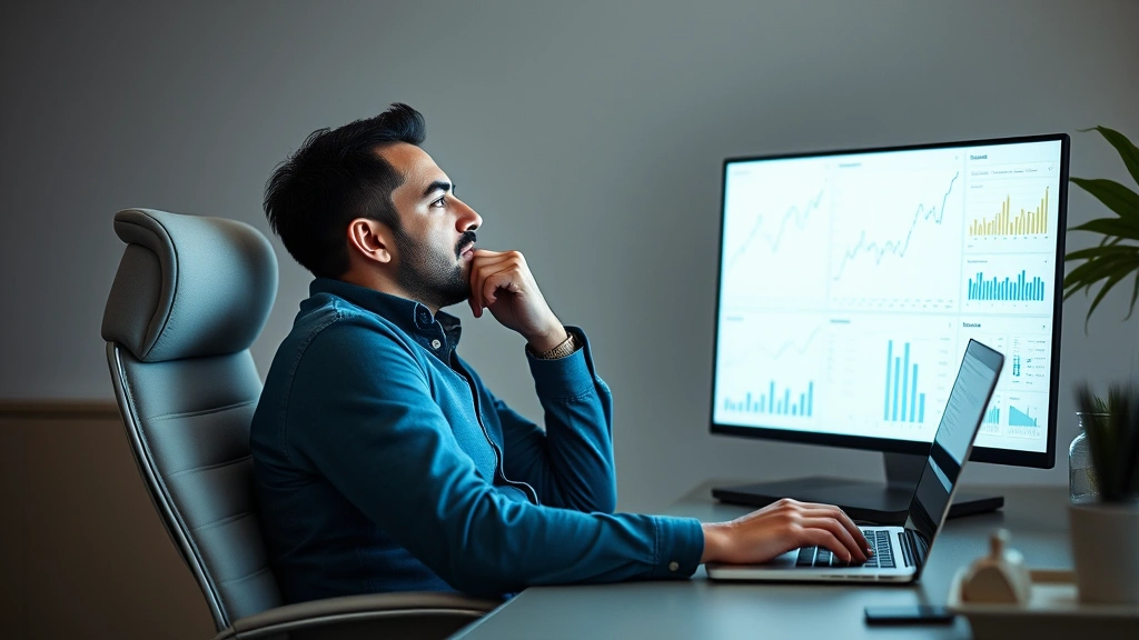 Founder analyzing business metrics and charts on laptop screen, leaning back in chair thoughtfully, minimalist desk setup, professional casual clothing