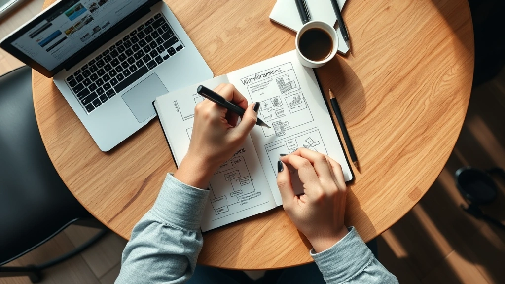 Overhead shot of a founder sketching wireframes and taking notes in a coffee shop notebook, surrounded by a laptop and coffee cup, natural morning light, entrepreneurial workspace