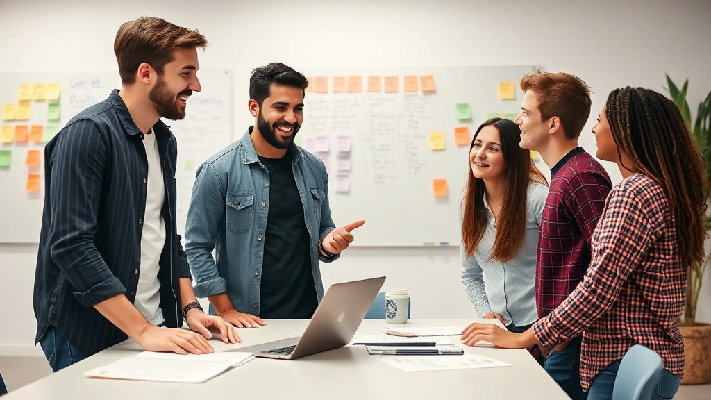 Young diverse co-founders having an animated conversation at a standing desk, whiteboards with sticky notes visible in background, collaborative startup environment, genuine discussion