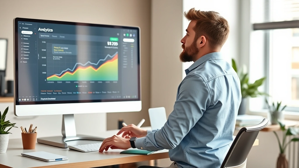 Founder reviewing analytics dashboard on a large monitor, leaning back thoughtfully, startup office setting with minimalist desk, focused entrepreneurial moment