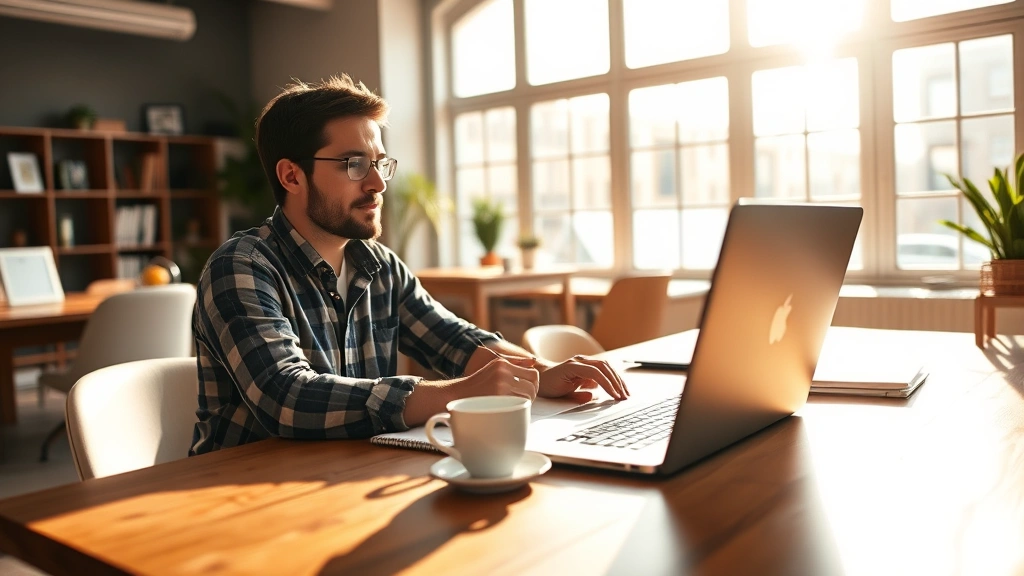 Founder working at a wooden desk with notebook, coffee cup, and laptop in a sunlit startup office space, focused expression, morning light streaming through windows