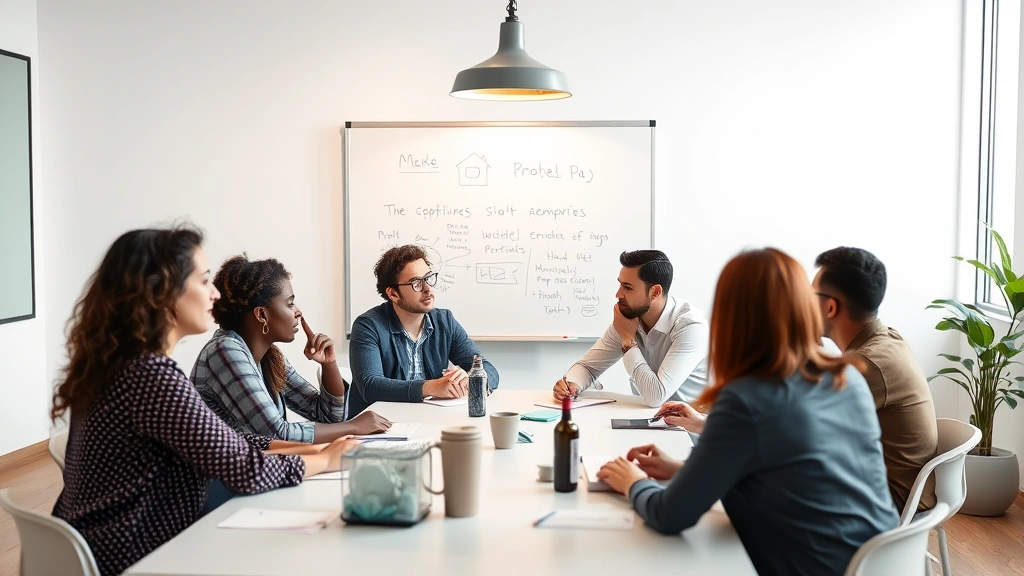 Team of diverse entrepreneurs sitting around a table in collaborative discussion, whiteboard visible behind them, genuine engagement and problem-solving energy