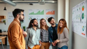 Diverse startup founder team collaborating in modern office space, reviewing business metrics on wall, natural daylight, energetic atmosphere, focused expressions, real working environment