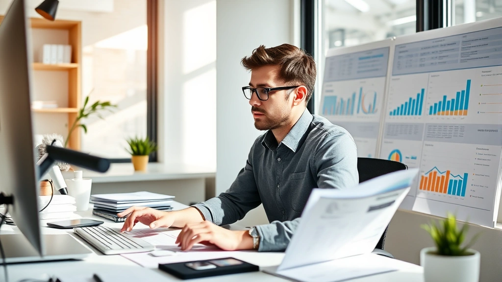 Founder at desk reviewing financial spreadsheets and metrics, natural sunlight, focused expression, modern minimalist office workspace