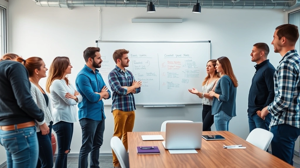 Diverse team in collaborative meeting discussing strategy, standing around whiteboard area, energetic but purposeful atmosphere, contemporary office setting